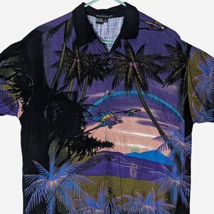 Tulliano Hawaiian Shirt Mens Large Purple Rayon Palm Tree Parrot Beach Sunset